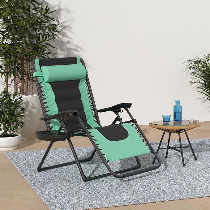 Best Choice Products Oversized Padded Zero Gravity Chair, Folding Outdoor Patio Recliner, XL Anti Gravity Lounger for Backyard w/Headrest, Cup Holder, Side Tray, Polyester Mesh - Green/Black