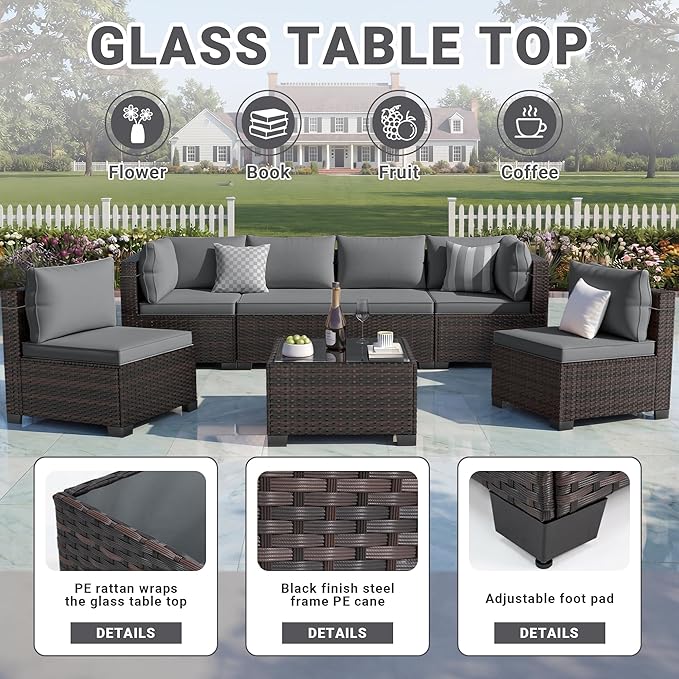 LEVELEVE 7 Pieces Outdoor Patio Furniture Sets,Rattan Conversation Sectional Set,Manual Weaving Wicker Patio Sofa with Tea Table