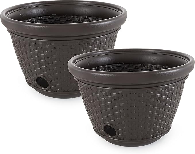 Suncast 2 Pack Decorative Wicker Garden Hose Holder Pot with 4 Drain Holes for 100 Foot Hoses, Java