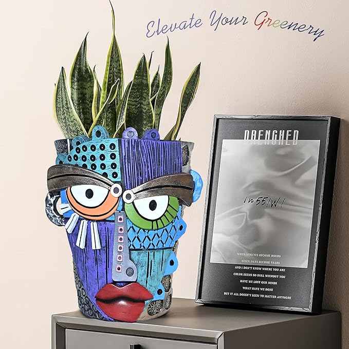 Abstract Face Planter Pots for Plants,Hand-Painted Colorful Flower Pots with Drainage,Indoor Outdoor Garden Decor Gift(Eclectic,Large)