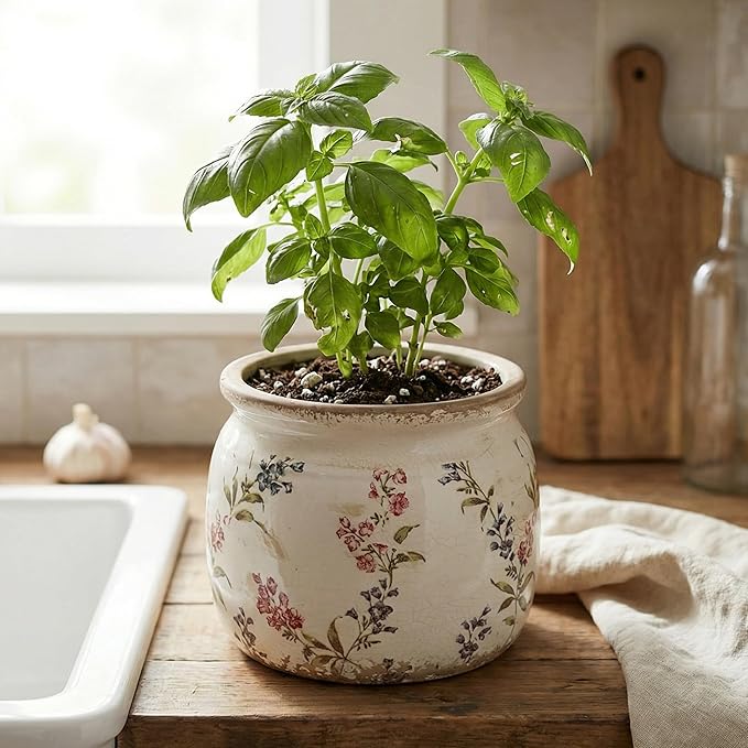 Flower Pots, Vintage Ceramic Planters for Indoor Plants, 6.29'' Plant Pots with Drainage, French Country Lavender Vase & Planters, Antique Home Room Decor, Gardening & Housewarming Gifts
