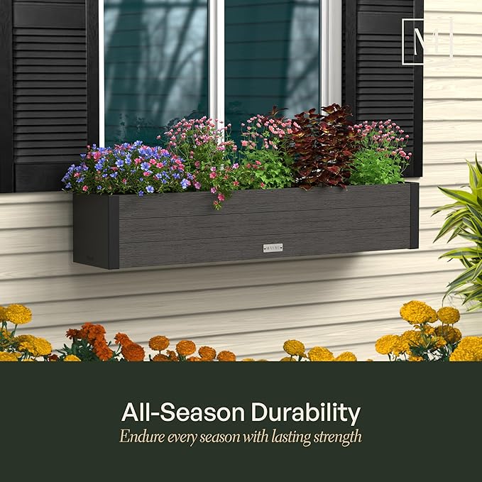 Mayne Horizon 5FT Window Box Planter – Modern Rectangular Faux Wood Grain Design for Windows, Durable All-Season Outdoor Flower Box with Drainage, Easy Installation