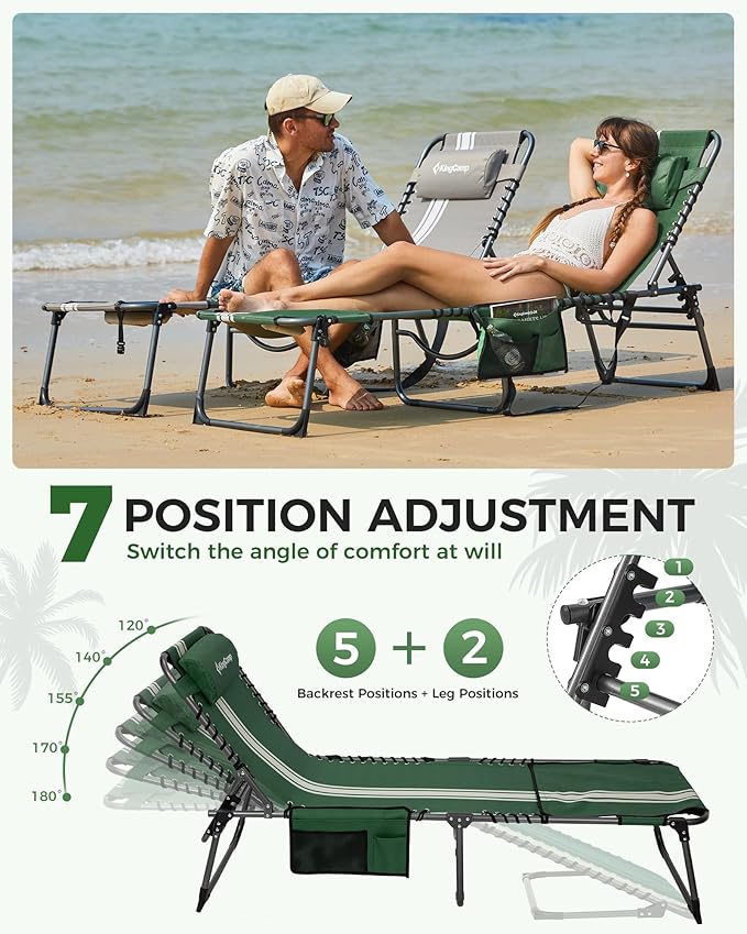 KingCamp 2 Pack Folding Lounge Chair Outdoor, Tanning Chair with Face Hole Comfy Adjustable 5-Position Foldable Chaise Chaser Lounger for Outside Beach Patio Sun Bathing Pool, Green/White