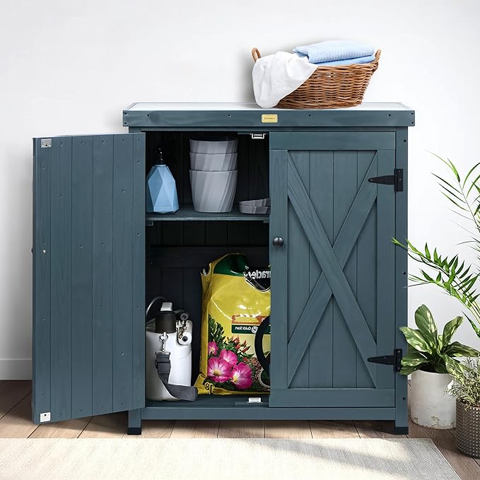 HABAU Outdoor Storage Cabinets Weatherproof for Patio, Garden Work Bench with Shelves & Metal Tabletop, Wooden Potting Table Workstation