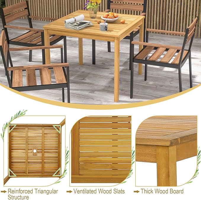 Tangkula 36" Square Outdoor Dining Table, Acacia Wood 4-Person Patio Dining Table with 1.9" Umbrella Hole, Farmhouse Patio Bistro Table, Indoor Outdoor Dining Furniture for Yard Deck Lawn