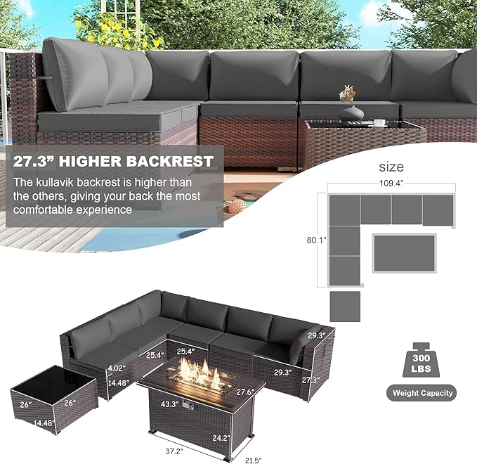 Kullavik 8 Pieces Outdoor Patio Furniture Set with 43" 55000BTU Gas Propane Fire Pit Table PE Wicker Rattan Sectional Sofa Patio Conversation Sets,Grey