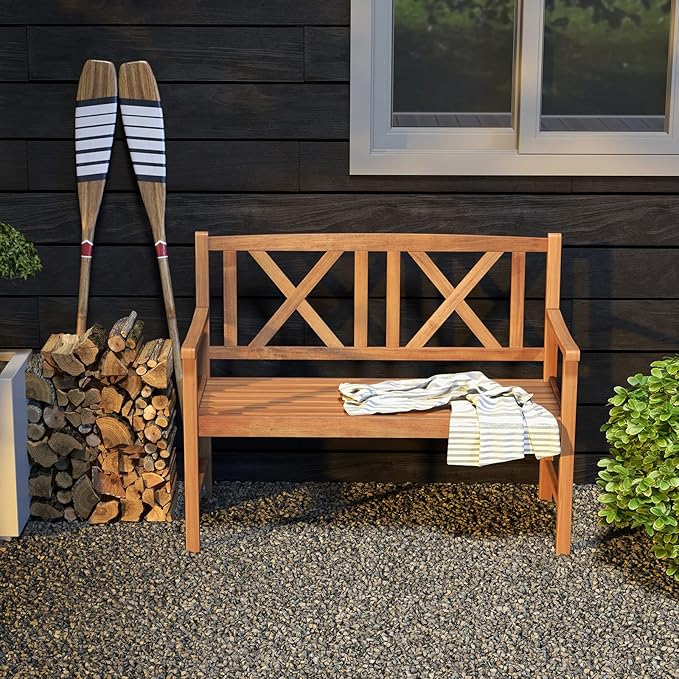Giantex Patio Garden Bench Loveseat - 2-Person Acacia Wood Bench with Armrest, Backrest, Sturdy Frame, 800lbs Capacity, Outside Park Bench for Patio, Yard, Front Porch, Outdoor Garden Bench, Natural