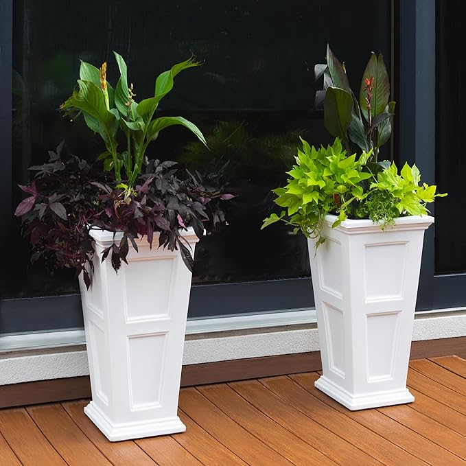 Mayne Fairfield 28-Inch Tall Planter, 2-Pack – Self-Watering, Weather-Resistant Planter for Flowers – Durable Outdoor Design for Patio, Porch, or Entryway