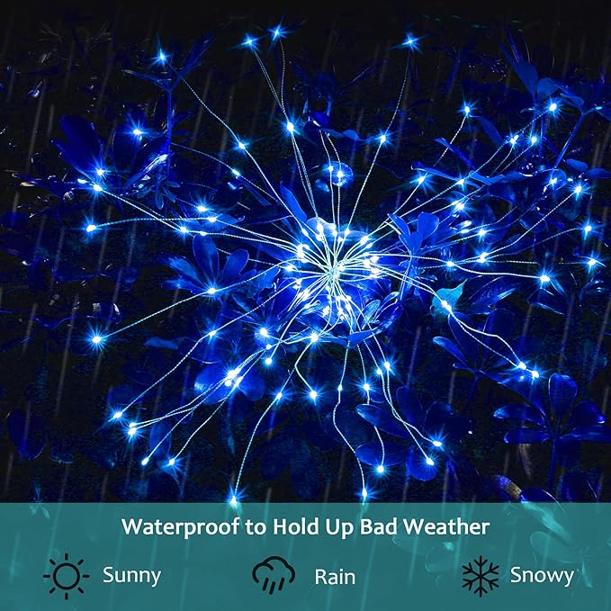 JJGoo Solar Firework Lights, 2 Pack 180 LEDs 2 Lighting Modes Solar Lights Outdoor Waterproof for Garden Patio Walkway Pathway Party Wedding Christmas Decorative -Blue