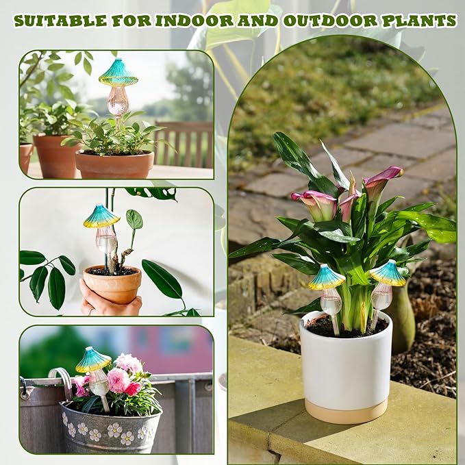 4 Pcs Plant Watering Globes Self Watering Planter Insert Glass Water Bulbs for Indoor and Outdoor Plants Mushroom Plant Watering Devices for Travel Vacation