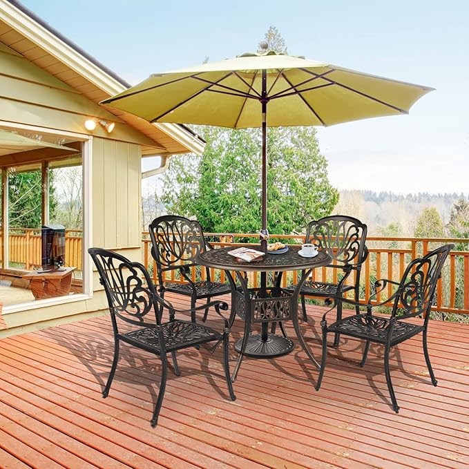 VINGLI 35.4' Dia Patio Dining Table with Umbrella Hole, Cast Aluminum Bistro Table for Outdoor Garden Use (35.4' Dia x 29.5' H)