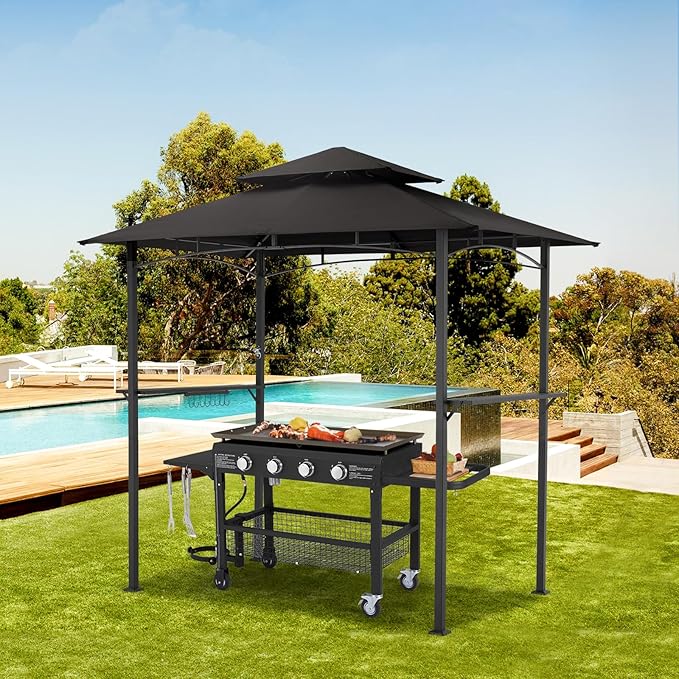 AECOJOY 8' x 5' Outdoor Grill Gazebo, BBQ Canopy for Outdoor Grill, 2- Tier BBQ Grill Gazebo Shelter for Patio, Backyard and More (Black)