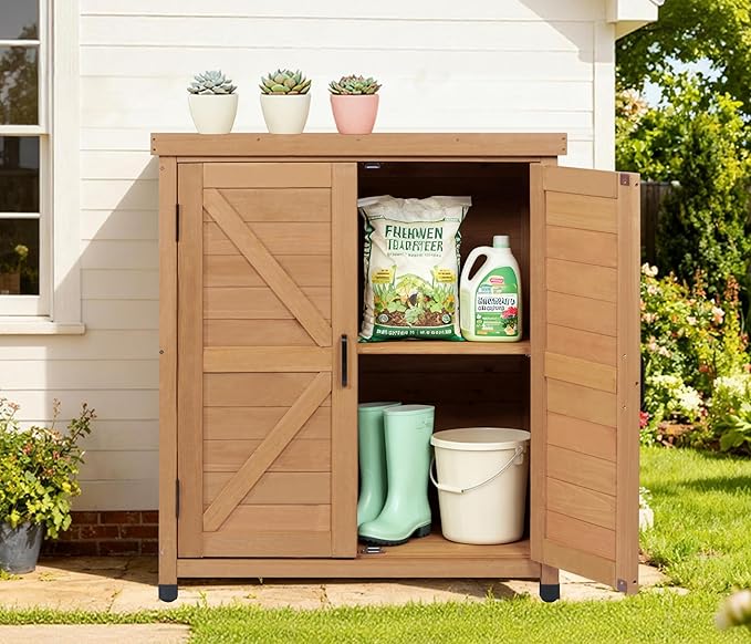 Outdoor Potting Bench with Storage Cabinet and Metal Top, Wood Workstation for Outdoor Patio, Garden (Light Brown, 31x17x36‘’)