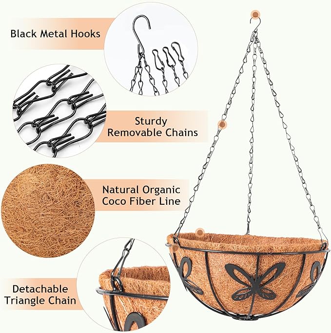 Hanging Baskets Planter for Plants, 2 Pack 14 Inch Round Metal Wire Hanging Flower Pots with Coco Coir Liner Chain, Plant Holder for Home Garden Balcony Decor