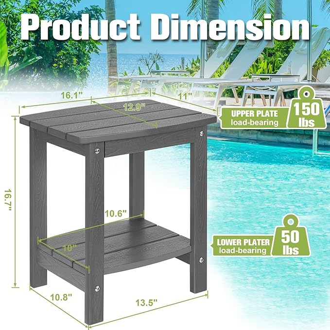 Y&M Outdoor Side Table, HIPS Adirondack Small Double Layer Table, Waterproof Square Balcony Modern End Tables for Patio, Pool, Beach, Porch, Deck, Indoor or Outdoor Use, Dark Gray