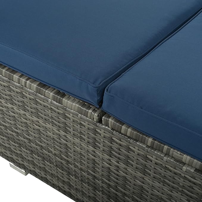 Patio Chaise Lounge, Gray PE Rattan Outdoor Patio Wicker Sunbed Daybed with Adjustable Seats, Four-sided Canopy, Overhead Curtain and Blue Cushions for Backyard, Garden, Poolside (for 2-6 people)