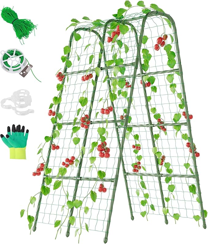 Miory Cucumber Trellis for Raised Beds, 32 x 63 Inch Metal U-Frame Garden Trellis for Climbing Plants Outdoor with Climbing Net, Plant Support for Cucumber Tomato Bean Pea