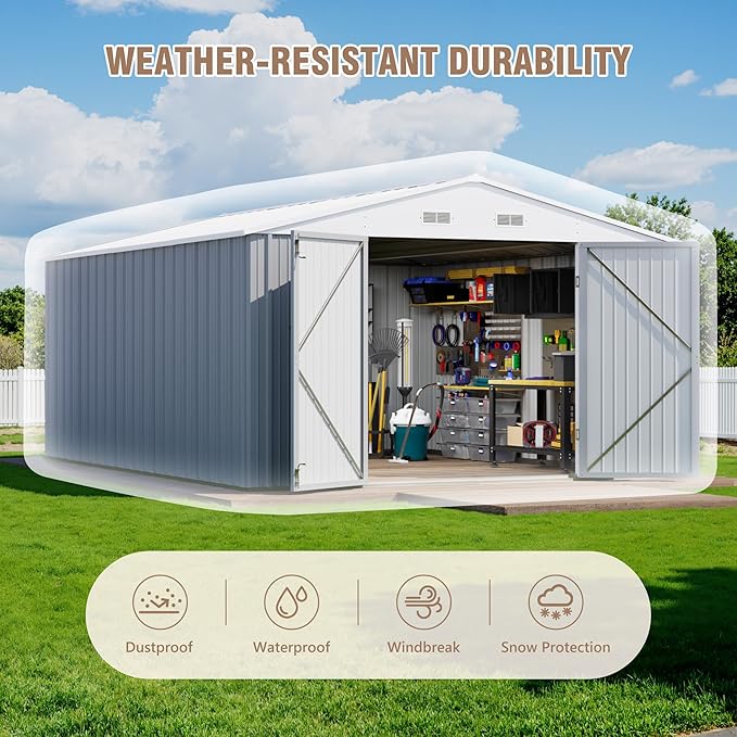 Greesum 10×14 FT Outdoor Storage Shed, Metal Storaged Sheds Without Floor, Tool Sheds with Lockable Doors and Sloping Roof for Garden, Patio, Gray