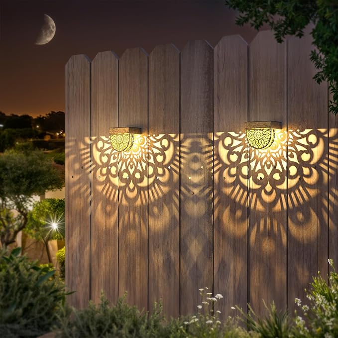 6 Pack Solar Fence Lights Outdoor Wall Lights Gold Plastic Solar Powered Deck Step Stair Lights Mandala Theme Waterproof Fence Solar Light for Garden Post Patio Backyard Yard Decor
