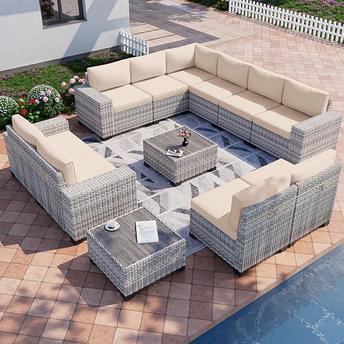 12-Piece Outdoor Patio Furniture Set Wicker Sectional Sofa Set, Patio Conversation Set with Thickened Cushions & Coffee Table for Garden, Backyard, Poolside, Sand