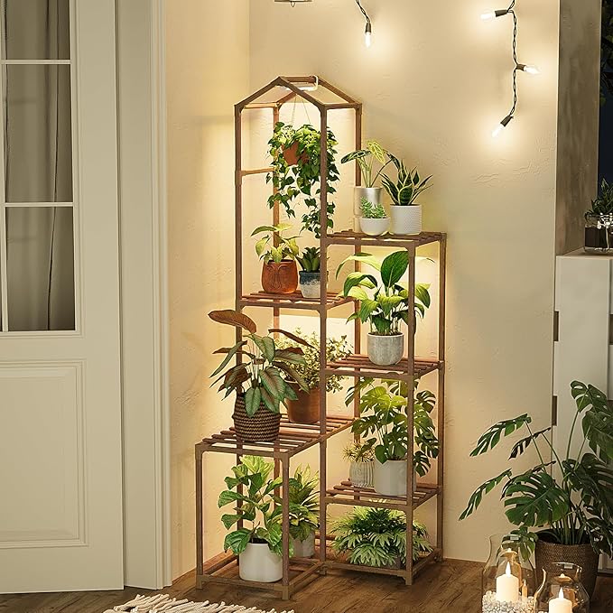 Bamworld Tall Corner Plant Stands with Grow Lights Indoor Outdoor Plant Shelves for Multiple Plants Display Haning Planter Living Room Pation Garden Decor