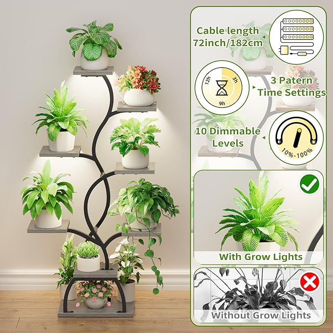 Plant Stand Indoor with Grow Light - 8 Tiered Plant Shelf Indoor, Corner Plant Stand, 49" Tall Plant Shelf with Lights for Indoor Growing, Lighted Flower Holder for Living Room, Balcony (Gray)