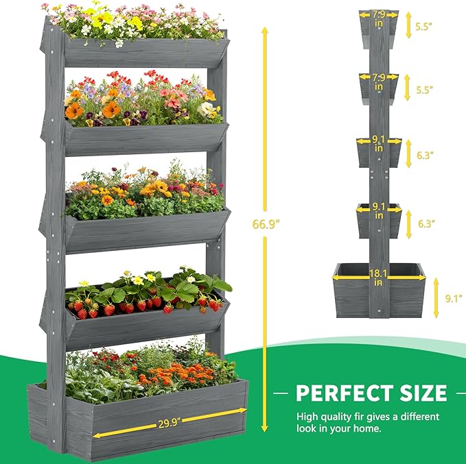 DoCred Vertical Wooden Raised Garden Bed, 5 Tier Upgraded Garden Planters Freestanding Wood Plant Stand Flower Rack Wooden Planter Box for Plants Herbs Flowers Vegetables Outdoor Indoor