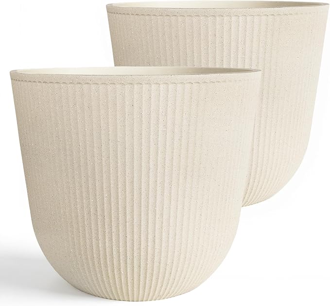 WORTH Garden Round Large Planter Pot Set of 2-17.5" Dia x 15.5" H - Durable Plastic Beige Plant Tree Pots with Vertical Stripe Textured Finish, Drainage Hole for Indoor, Outdoor, Front Porch, Patio