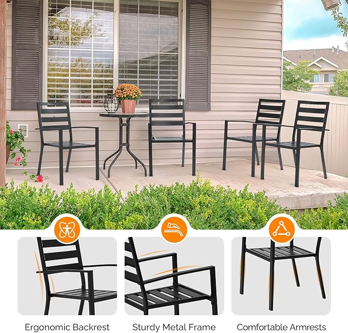 VINGLI Outdoor Dining Chairs Set of 4, Metal Frame Patio Chairs with Armrests, Patio Dining Chairs Garden Chairs for Yard, Front Porch and Deck, Black