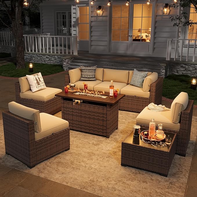 Aoxun Patio Furniture Sets, 8-Piece Outdoor Patio Furniture with 44'' Propane Gas Firepit Table, Wicker Outdoor Conversation Set Sectional Sofa for Backyard, Poolside, Garden (Black Cushion)