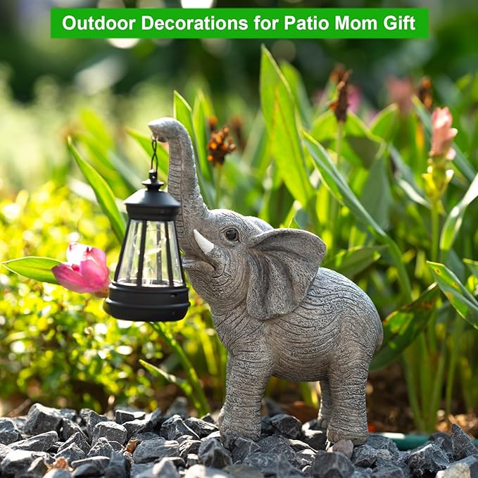 Solar Garden Statue Lights Elephants Figurine with Solar Lantern, Outdoor Yard Decorations for Patio Porch Home, Mothers Day Decorations Gift for Women - Unique Housewarming Gifts