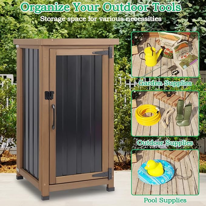 Small Outdoor Storage Cabinet Weatherproof, Wood Garden Potting Bench Table with Removable Shelves, Metal Top, Outdoor Cabinet Work Station for Patio, Backyard, Brown,17.9''x17.9''x33.5''