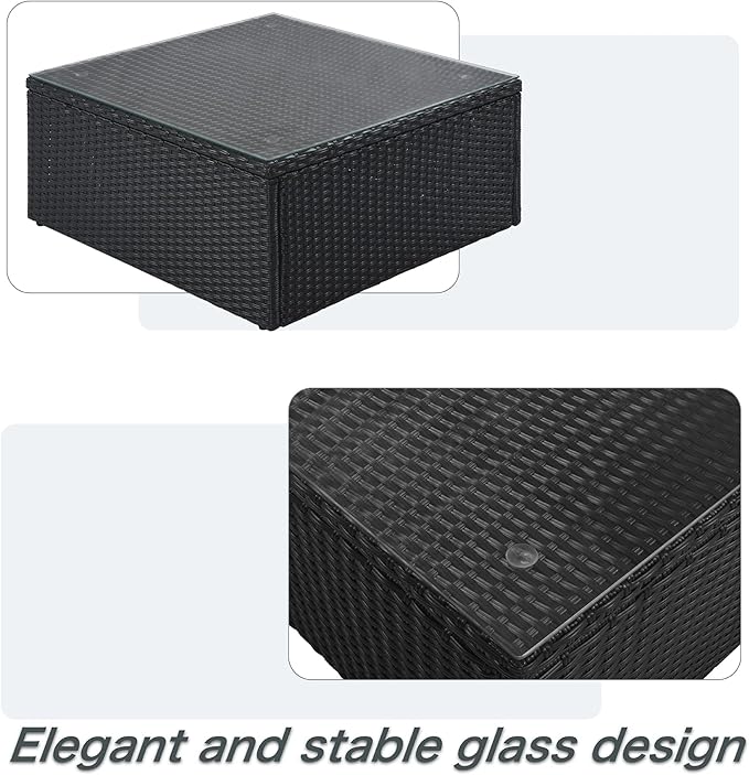 Merax 7-Piece Outdoor Wicker Sectional Sofa Set,Modular Rattan Conversation Set with Gray Cushions,Striped Green Pillows & Tempered Glass Coffee Table for Patio,Garden,Deck,Black