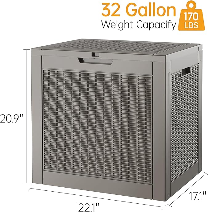 Outdoor Storage Box, Resin Deck Boxes Indoor and outdoor, Waterproof Storage Box Lockable Lid (Grey,32 Gallon)