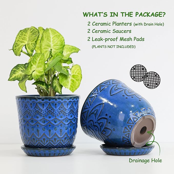 Gepege 6 Inch Blue Ceramic Planter, Plant Pot with Drainage Holes and Saucers for Indoor Plants, Birthday for Women Mom