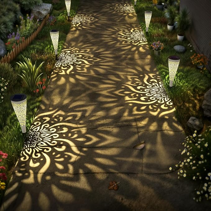 6 Pack Solar Lights Outdoor Garden Decorative Mandala Solar Garden Lights with Warm Light Waterproof Solar Pathway Landscape Light for Path Patio Backyard Walkway Yard Decor (White)