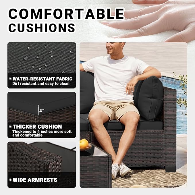 LEVELEVE 7 Pieces Outdoor Patio Furniture Sets,Rattan Conversation Sectional Set,Manual Weaving Wicker Patio Sofa with Tea Table(Black 7pcs)