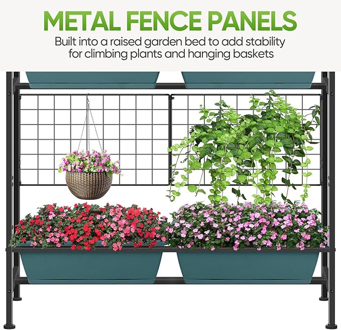 CADUKE Raised Planter Box with Legs, 32" Elevated Vegetable Garden Beds, Raised Garden Bed with Drainage Holes & Trellis, Herb Garden Planter Outdoor for Vegetables, Balcony, Patio, Green