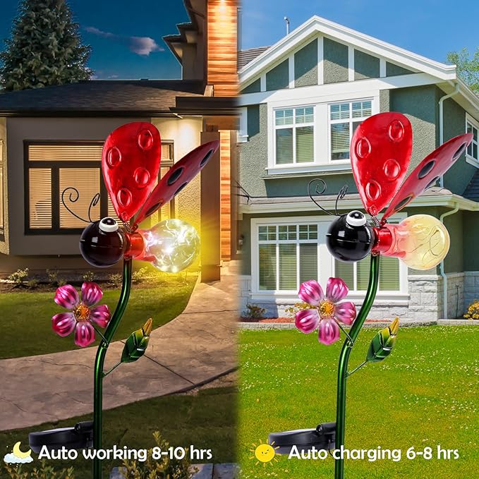 Decorative Solar Lights Outdoor Solar Ladybug Stake Lights Metal Decorative Garden Lights Outdoor Waterproof Stakes for Pathway Yard Lawn Decoration Mothers Day Mom Gifts