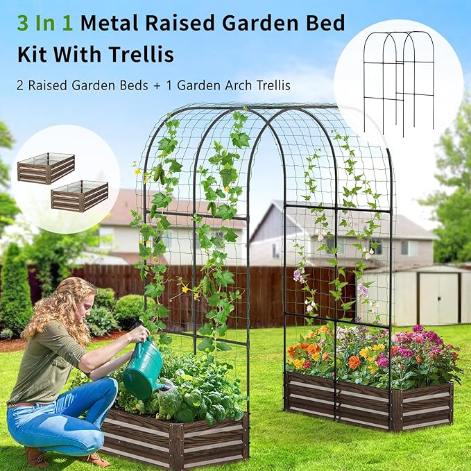 DoCred 3 in 1 Raised Garden Bed with 87in Tall Arch Trellis for Climbing Plants, Galvanized Planter Garden Box Outdoor for Gardening, Climbing Vegetables, Flower