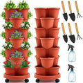 Umigy 2 Set Clay Red 7 Tier Stackable Vertical Planters with Removable Wheels and Tools Tower Planters Strawberry Herb Flower Vegetable Pots Indoor Outdoor Gardening Pots