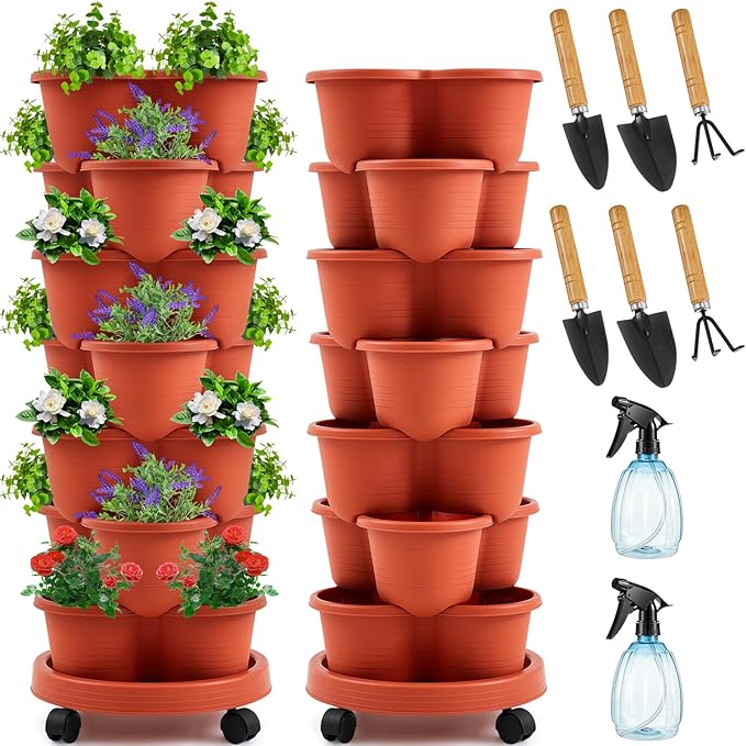Umigy 2 Set Clay Red 7 Tier Stackable Vertical Planters with Removable Wheels and Tools Tower Planters Strawberry Herb Flower Vegetable Pots Indoor Outdoor Gardening Pots