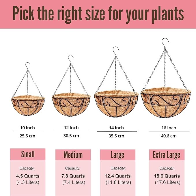 LaLaGreen Hanging Planter for Outdoor Plants (12 Inch, 6 Pack) Hanging Baskets with Coco Liner, Black Metal Wire Flower Basket Pots with Hook Hanger Balcony Porch Farmhouse Country Style Garden Decor