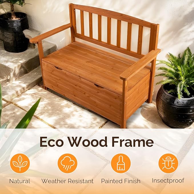 VINGLI Outdoor Storage Bench, Large Wood Deck Box with Seating, Weatherproof Outdoor Bench with Storage Loveseat, 2-Person Wooden Patio Bench for Entryway, Backyard, Garden
