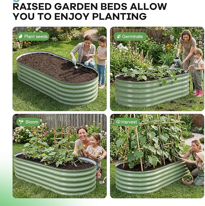 Galvanized Raised Garden Bed Outdoor, 6x3x1.4ft Oval Metal Raised Beds for Gardening, Rust-Resistant Garden Planter Box for Planting Vegetables, Flowers, Fruits in Lawn(Olive Green, 2 Packs)