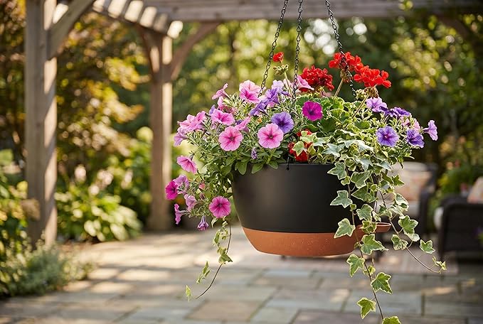 Hanging Planters, 3-Pack 10 Inch Self-Watering Pots with Drainage Holes and Chains, Matte Plastic Planters for Indoor/Outdoor Plant（Black Brown）