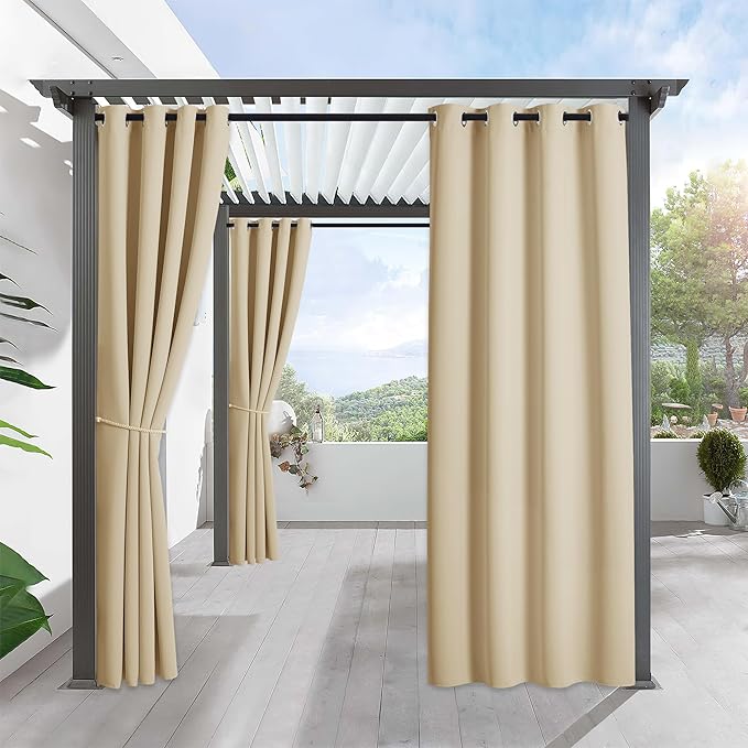 RYB HOME Outdoor Curtains for Patio Waterproof Block Sunlight Thermal Insulated Privacy Assured Thick Outside Curtains for Pergola, Deck, Gazebo, W52 x L108, Biscotti Beige, 1 Panel