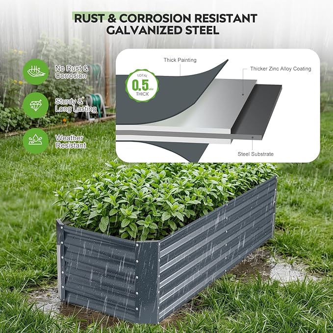 ZORMY 6×2×1.4ft Galvanized Raised Garden Bed Kit, Metal Planter Boxes Outdoor, High Raised Beds for Vegetables, Fruits, and Flowers - IronGrey
