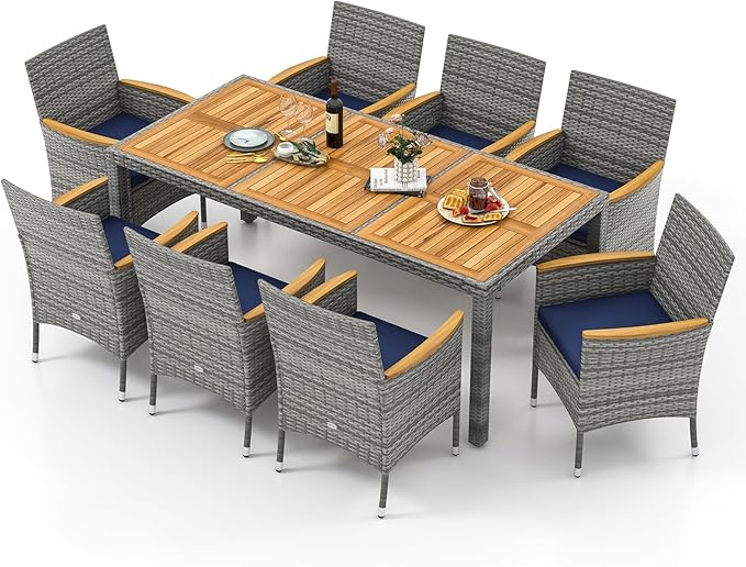 Tangkula 9 Pieces Rattan Outdoor Dining Set for 8, Outdoor Acacia Wood Table Set with 8 Cushioned Wicker Chairs, Umbrella Hole, Patio Dining Furniture Set for Deck Pool Backyard