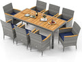 Tangkula 9 Pieces Rattan Outdoor Dining Set for 8, Outdoor Acacia Wood Table Set with 8 Cushioned Wicker Chairs, Umbrella Hole, Patio Dining Furniture Set for Deck Pool Backyard